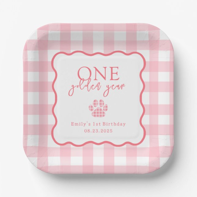 Pink Gingham Paw Print Girls First Birthday Party Paper Plate (Front)
