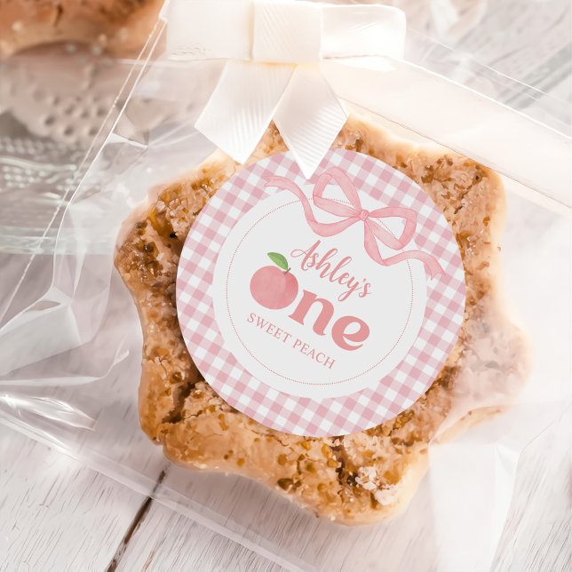 Pink Gingham Peach First Birthday Classic Round Sticker (Creator Uploaded)