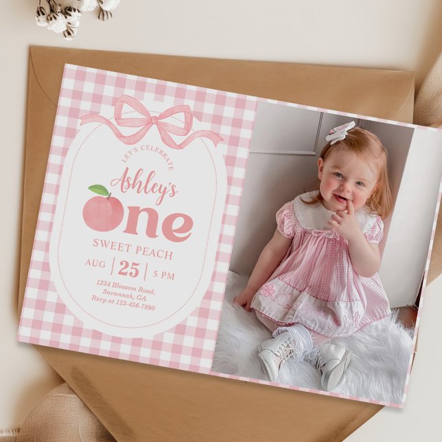 Pink Gingham Peach First Birthday Photo Invitation (Creator Uploaded)