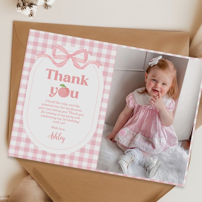 Pink Gingham Peach First Birthday Photo Thank You Card (Creator Uploaded)