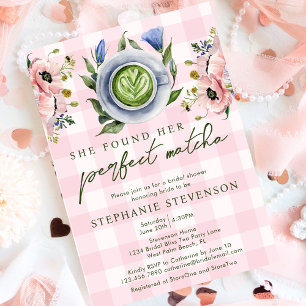 Pink Gingham Perfect Matcha Themed Bridal Shower Invitation