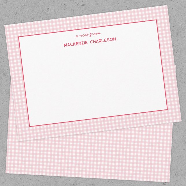 Pink Gingham Personalised Card (Pink gingham personalized custom name notecard)