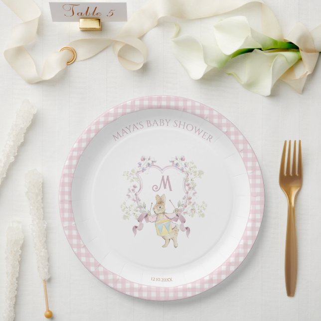 Pink Gingham Peter the Rabbit Monogram Baby Shower Paper Plate (Wedding)
