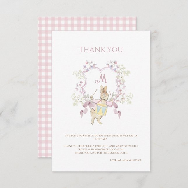 Pink Gingham Peter the Rabbit Monogram Baby Shower Thank You Card (Front/Back)
