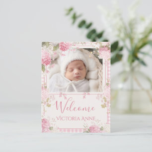 Pink Gingham Photo Vintage Hydrangeas Birth Announcement Postcard