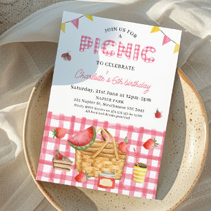Pink Gingham Picnic Basket Picnic Birthday  Invitation