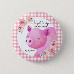Pink Gingham Pig  Birthday Favor 6 Cm Round Badge