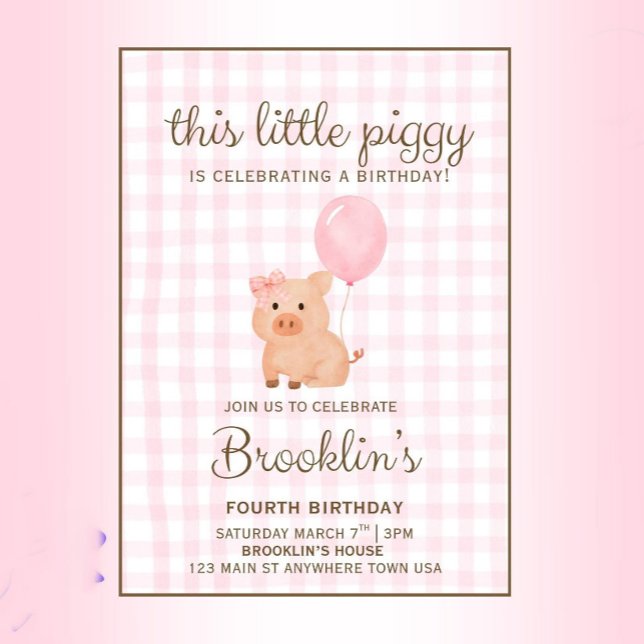 Pink Gingham Pig Birthday Invitation Girl, This  (Creator Uploaded)