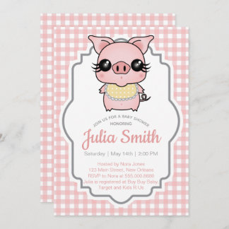 Pink Gingham Piggy Baby Shower Invitation