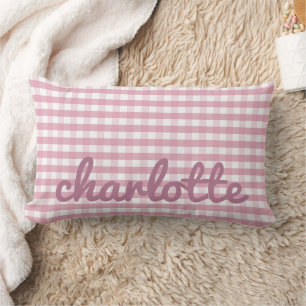 Pink Gingham Pillow with Name in Script Font