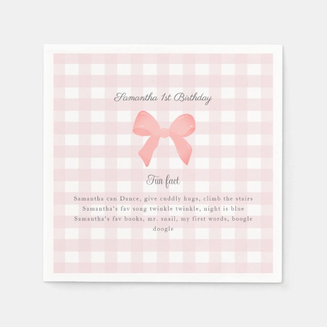 Pink Gingham Pink Bow Birthday Fun fact Napkin (Front)