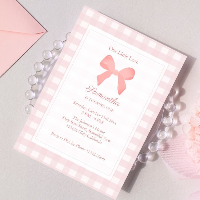Pink Gingham Pink Bow Birthday Invitation (Creator Uploaded)