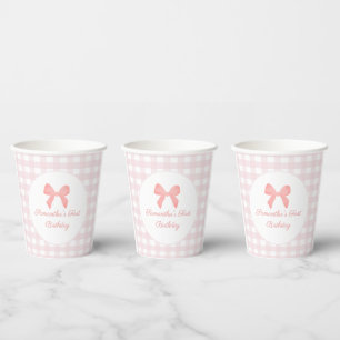 Pink Gingham Pink Bow Birthday Paper Cups