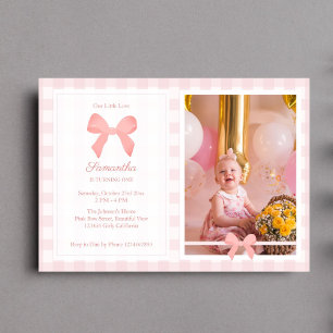 Pink Gingham Pink Bow Birthday Photo Invitation