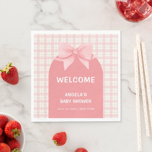 Pink Gingham Plaid Arch Bow Baby Shower Welcome Napkin (Insitu)
