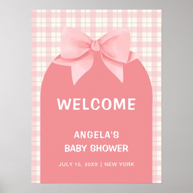 Pink Gingham Plaid Arch Bow Baby Shower Welcome Poster (Front)