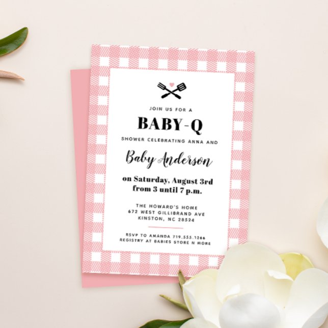 Pink Gingham Plaid Baby Shower BBQ Invitation (Creator Uploaded)