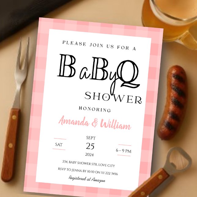 Pink Gingham Plaid  BBQ Baby Couples Shower Invitation (Pink Gingham Plaid BBQ Baby Couples Shower Invitation)