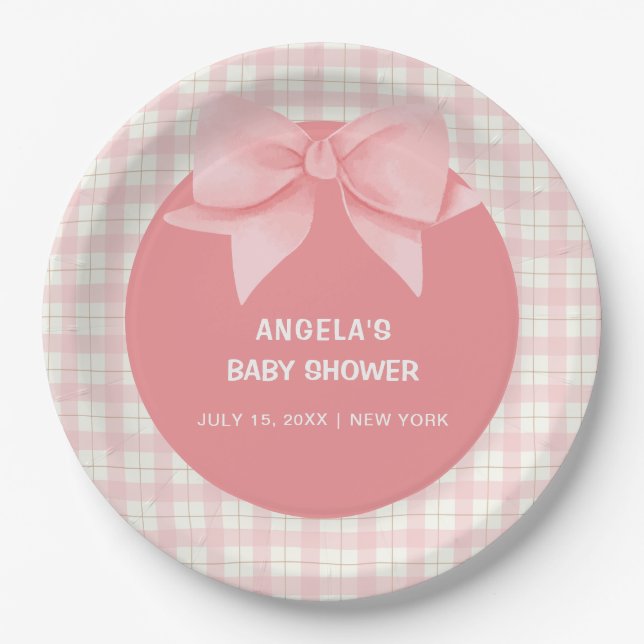 Pink Gingham Plaid Bow Baby Shower  Paper Plate (Front)