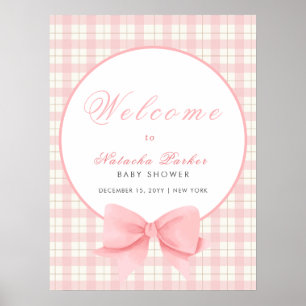 Pink Gingham Plaid Bow Girl Baby Shower Welcome Poster