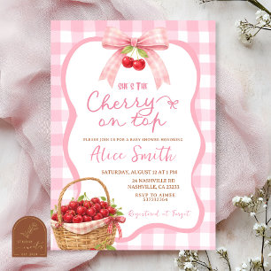 Pink Gingham Plaid Cherry on top Baby Shower Invitation