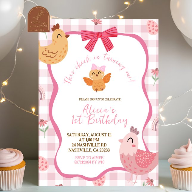Pink Gingham Plaid Chick 1st Birthday Invitation (Creator Uploaded)