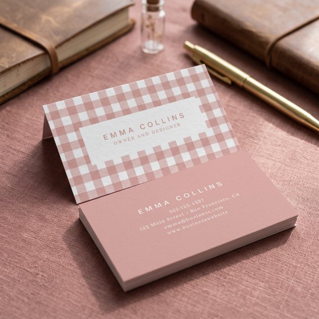 Pink Gingham Plaid Modern Business Card (Simulated business cards on table)