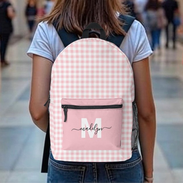 Pink Gingham Plaid Monogram Printed Backpack (Pink Gingham Plaid Monogram Printed Backpack )
