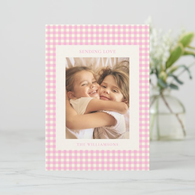 Pink Gingham Plaid Portrait Photo Valentine Love Holiday Card (Standing Front)