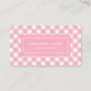 Pink Gingham Plaid Substitute Teacher Contact Info Business Card