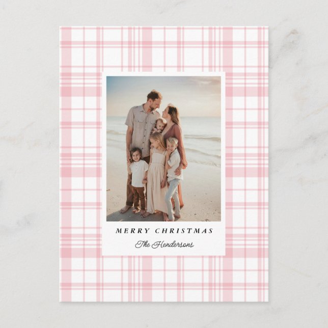 Pink Gingham Plaid Tartan Christmas Photo Card (Front)