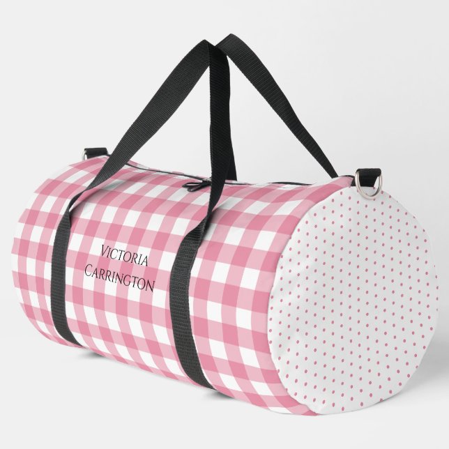 Pink Gingham Polkadot Vintage Personalized  Duffle Bag (Left Corner)
