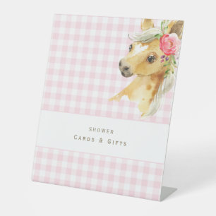 Pink Gingham Pony Baby Shower Cards & Gifts Pedestal Sign