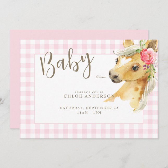 Pink Gingham Pony Baby Shower Invitation (Front/Back)