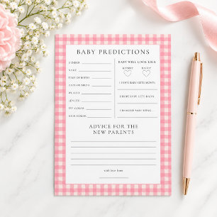 Pink Gingham Predictions Baby Shower Game Card