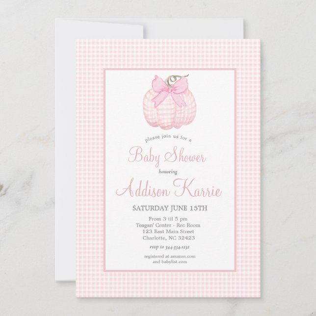 Pink Gingham Pumpkin Baby Shower Invitation (Front)