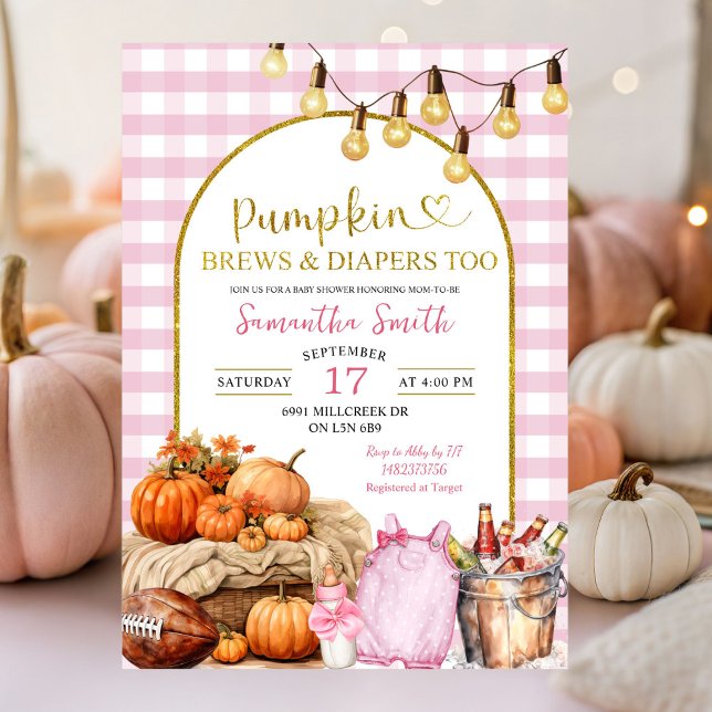 Pink Gingham Pumpkin Brews & Diapers Baby Shower Invitation (Creator Uploaded)