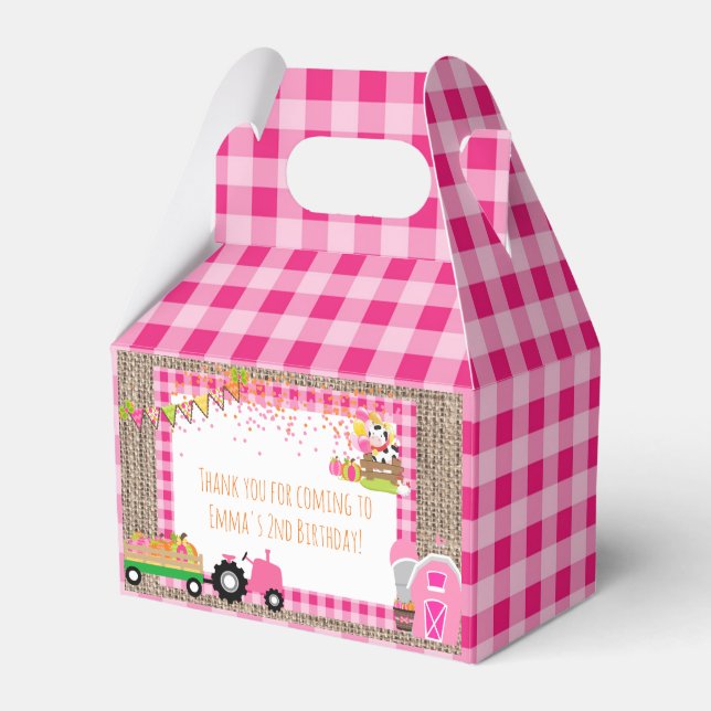 Pink Gingham Pumpkin Patch Farmer Girl's Birthday  Favour Box (Front Side)