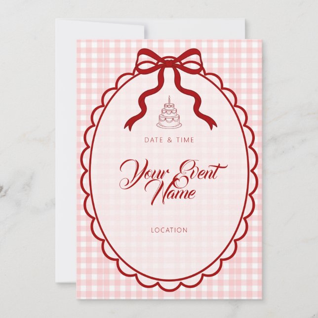 Pink Gingham Red Ribbon Bow Invitation (Front)