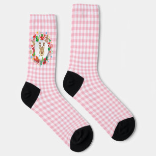 Pink Gingham Reindeer Christmas Stocking Stuffer Socks