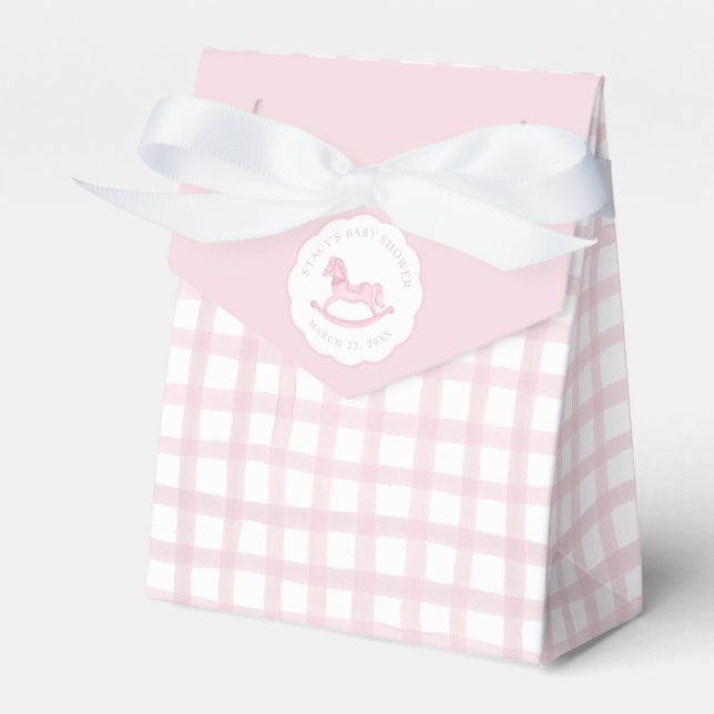 Pink Gingham Rocking Horse Baby Favour Bag Favour Box (Front Side)