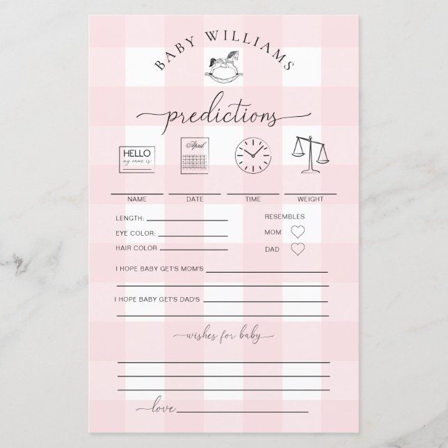 Pink Gingham Rocking Horse Baby Predictions Game (Front)
