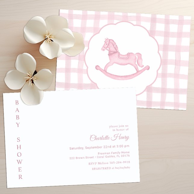 Pink Gingham Rocking Horse Baby Shower Invitation (Pink Rocking Horse Baby Shower Invitation)
