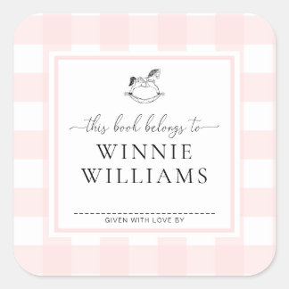 Pink Gingham Rocking Horse Bookplate Sticker