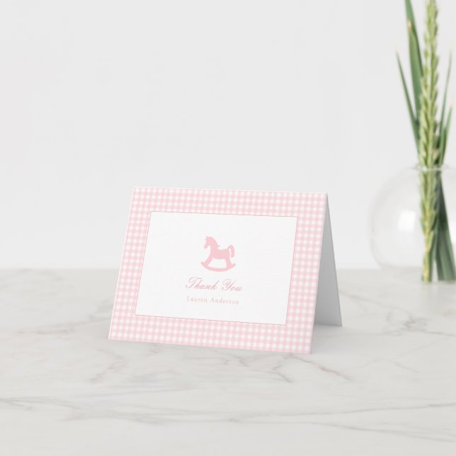 Pink  Gingham rocking horse Folded Thank You Note Card (Front)