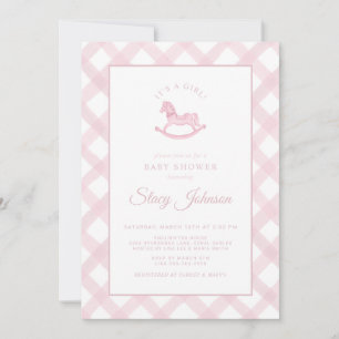 Pink Gingham Rocking Horse Girl Baby Shower Invite
