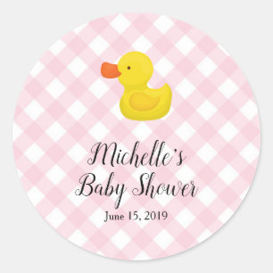 Pink Gingham Rubber Duckie Baby Shower Classic Round Sticker