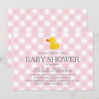 Pink Gingham Rubber Duckie Baby Shower Invitation