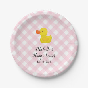 Pink Gingham Rubber Duckie Baby Shower Paper Plate