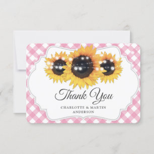 Pink Gingham Rustic Sunflower Wedding Thank You Card